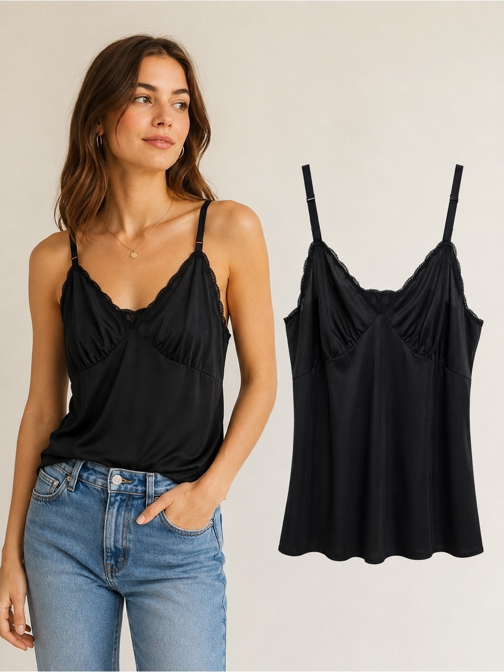 Shadowline Black Nylon Lace Trim Camisole Tank Top | Size 38 Made in USA Vintage